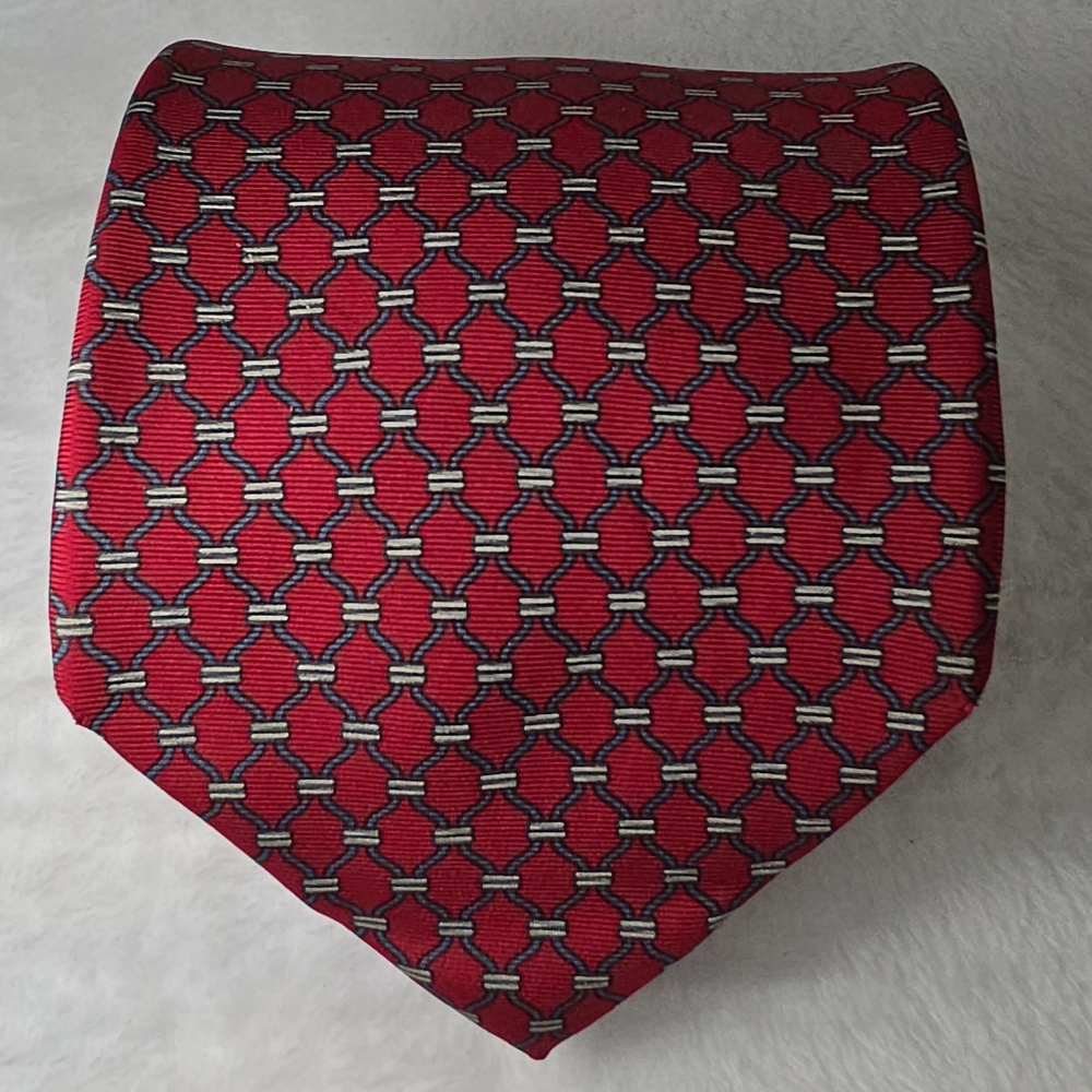 Bert Pulitzer for Neiman Marcus Red Geometric Silk Tie Made in USA Mens Necktie